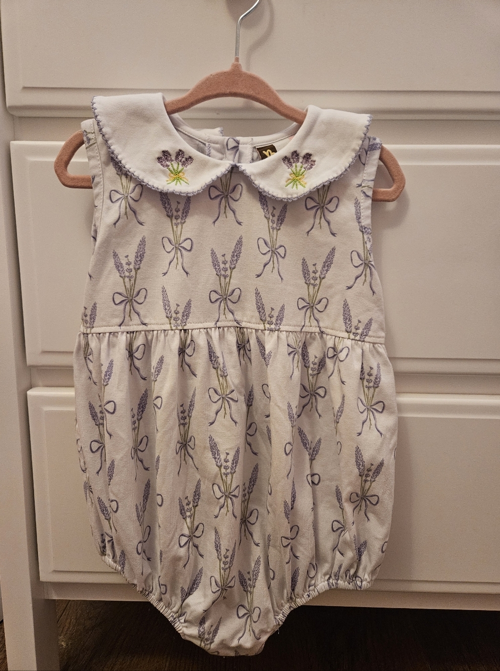 Banana Split Lavender Print Baby Romper with Peter Pan Collar- Size 24m